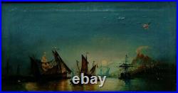 Antique Oil on Canvas Painting Moonlight Naples Bay Framed Signed Castet 19thC