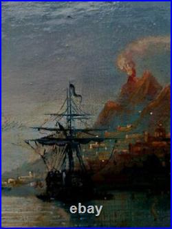 Antique Oil on Canvas Painting Moonlight Naples Bay Framed Signed Castet 19thC