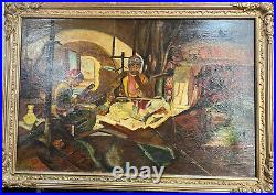 Antique Oil on Canvas Painting Of Carpenter Shop in Nazareth Dated 1901 Signed