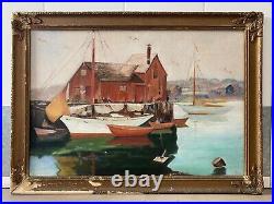 Antique Old American Folk Art WPA Seascape Harbor Oil Painting, Signed 1930s