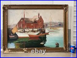 Antique Old American Folk Art WPA Seascape Harbor Oil Painting, Signed 1930s