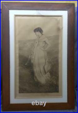 Antique Old Etching Engraving Print Woman Art Victorian Era Signed Framed Art