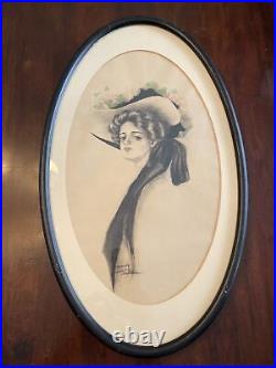 Antique Original Art Illustration Gibson Girl Watercolor Signed Franceline Lewis