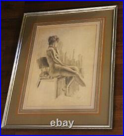Antique Original Nude Portrait Drawing Signed by Artist Framed French Matting