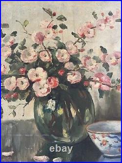 Antique Original Oil Painting On Canvas Artist Signed Still Life Flowers Bowl