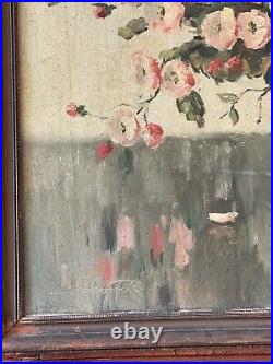 Antique Original Oil Painting On Canvas Artist Signed Still Life Flowers Bowl