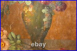 Antique P Verdi Signed Painting Bouquet Of Flowers In Vase Wood Frame Large