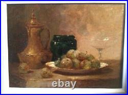 Antique Painting Oil On Canvas Still Life Apples Signed Leroy Art Rare Old 19th