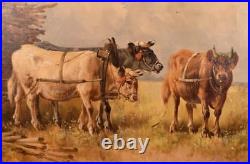 Antique Painting of a Pastoral Scene with Cows/Oxen by P. Schouten (1860-1922)