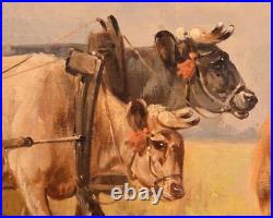 Antique Painting of a Pastoral Scene with Cows/Oxen by P. Schouten (1860-1922)