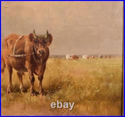 Antique Painting of a Pastoral Scene with Cows/Oxen by P. Schouten (1860-1922)