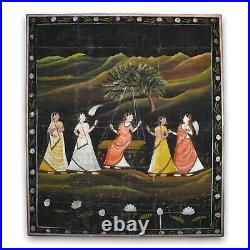 Antique Radha & Friends North India XL Signed Painting on Linen Framed