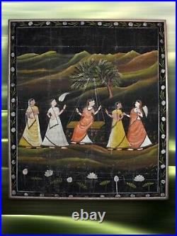 Antique Radha & Friends North India XL Signed Painting on Linen Framed