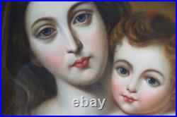 Antique Rare Large Pastel Painting Virgin Mary & Baby Wood Frame Signed 1864