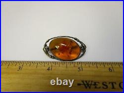 Antique Russian Baltic Amber Oval 925 Sterling Silver Brooch Pin Signed Large