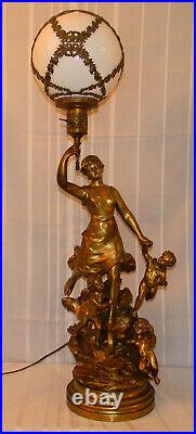 Antique SIGNED BRONZE TABLE LAMP with Woman and Tree Cherubs Large 38