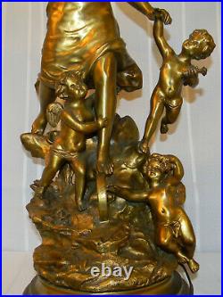 Antique SIGNED BRONZE TABLE LAMP with Woman and Tree Cherubs Large 38