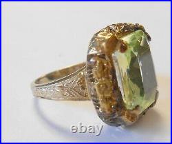 Antique Signed BL Lrg Green Spinel 14K Tri Color Gold Ring Size 4.25 Emerald Cut