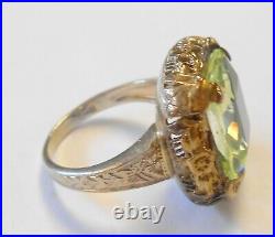 Antique Signed BL Lrg Green Spinel 14K Tri Color Gold Ring Size 4.25 Emerald Cut