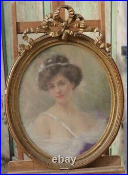 Antique Signed & Dated Pastel Painting Woman Gilt Frame Art Nouveau Style Rare
