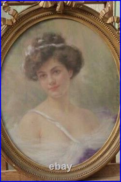 Antique Signed & Dated Pastel Painting Woman Gilt Frame Art Nouveau Style Rare