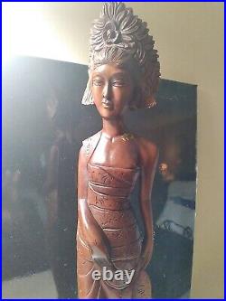 Antique Signed Hand Carved Intricate Teak Wood Balinese Woman Statue Elegant