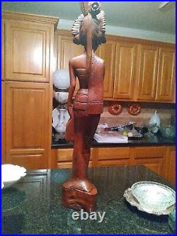 Antique Signed Hand Carved Intricate Teak Wood Balinese Woman Statue Elegant