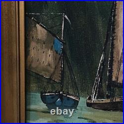 Antique Signed Harbor Sailing Ships Steamboat Seascape Painting Oil on Board 24