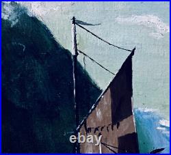 Antique Signed Harbor Sailing Ships Steamboat Seascape Painting Oil on Board 24