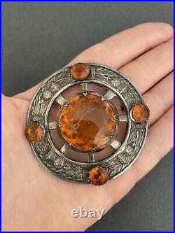 Antique Signed Made in Britain Silver Large Pin Brooch With Crystal