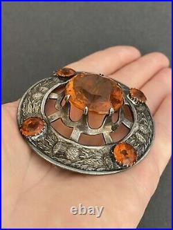 Antique Signed Made in Britain Silver Large Pin Brooch With Crystal