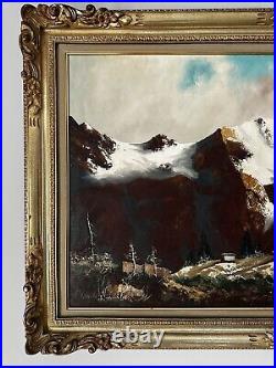Antique Signed Oil Painting J. E. Lemke Mountain Alpine Landscape 1916 GOLD FRAME