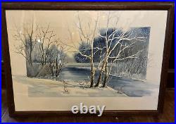 Antique Signed Painting Brown County Indiana Watercolor Winter Framed VTG 1988