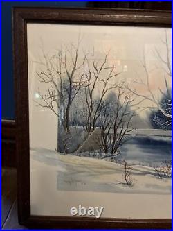 Antique Signed Painting Brown County Indiana Watercolor Winter Framed VTG 1988