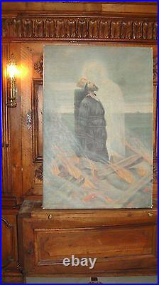 Antique & Signed Religious Christian Oil Painting Burning & Jesus John/jan Hus