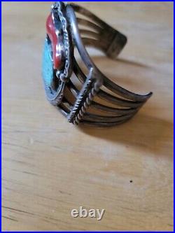 Antique Signed TOM WILETTO Navajo Bracelet 925 Sterling Large Coral And