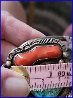 Antique Signed TOM WILETTO Navajo Bracelet 925 Sterling Large Coral And