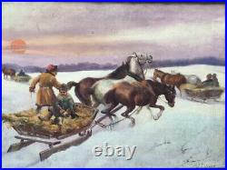 Antique Signed Winter Landscape Oil Painting Horse Drawn Sleigh Russian