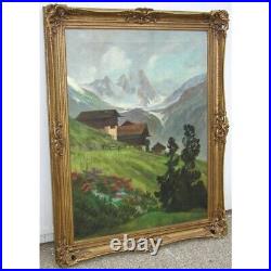 Antique Swiss Oil painting on canvas Landscape View of mountains Signed & Date
