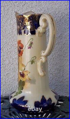 Antique Tankard/Pitcher Large Hand Painted Flowers Vienna Austria Signed Tall
