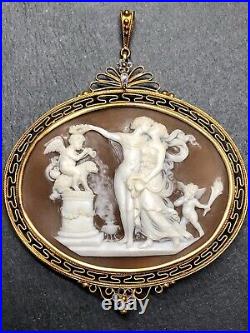 Antique Victorian Enamel 18K Large Shell Cameo Brooch Pendant Signed TRIUNFO