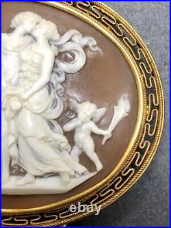 Antique Victorian Enamel 18K Large Shell Cameo Brooch Pendant Signed TRIUNFO