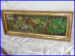 Antique Victorian Roses Floral Yard Long Oil Painting On Back Glass Ornate Frame