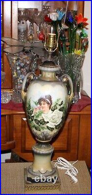 Antique Victorian Vase Converted Lamp Hand Painted Woman Smelling Flowers Signed