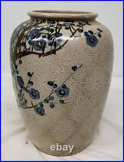 Antique Vintage Japanese Signed Art Pottery Large Vase Prunus Crackle
