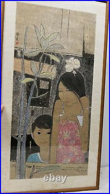 Antique Vintage Large Tay Chee Toh Woodblock Print SIgned Malaysia Mother Son