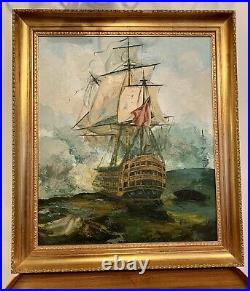 Antique Vintage Signed Large Original Oil On Canvas Superb Galleon Nautical