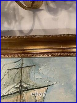 Antique Vintage Signed Large Original Oil On Canvas Superb Galleon Nautical