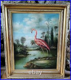Antique Vtg Oil Painting Portrait Pink Flamingo Bird in a Landscape Signed O/C