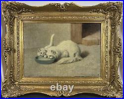 Antique c. 1910 Arthur Heyer Turkish Angora Kitten & Cat Drinking Milk SIGNED